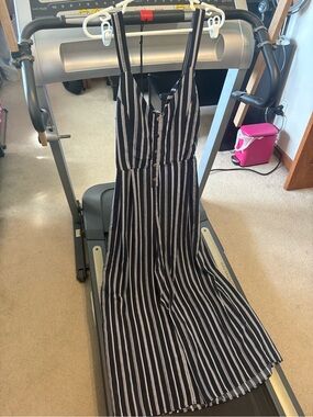 Navy Blue and White Striped Maxi Jumpsuit with Buttons